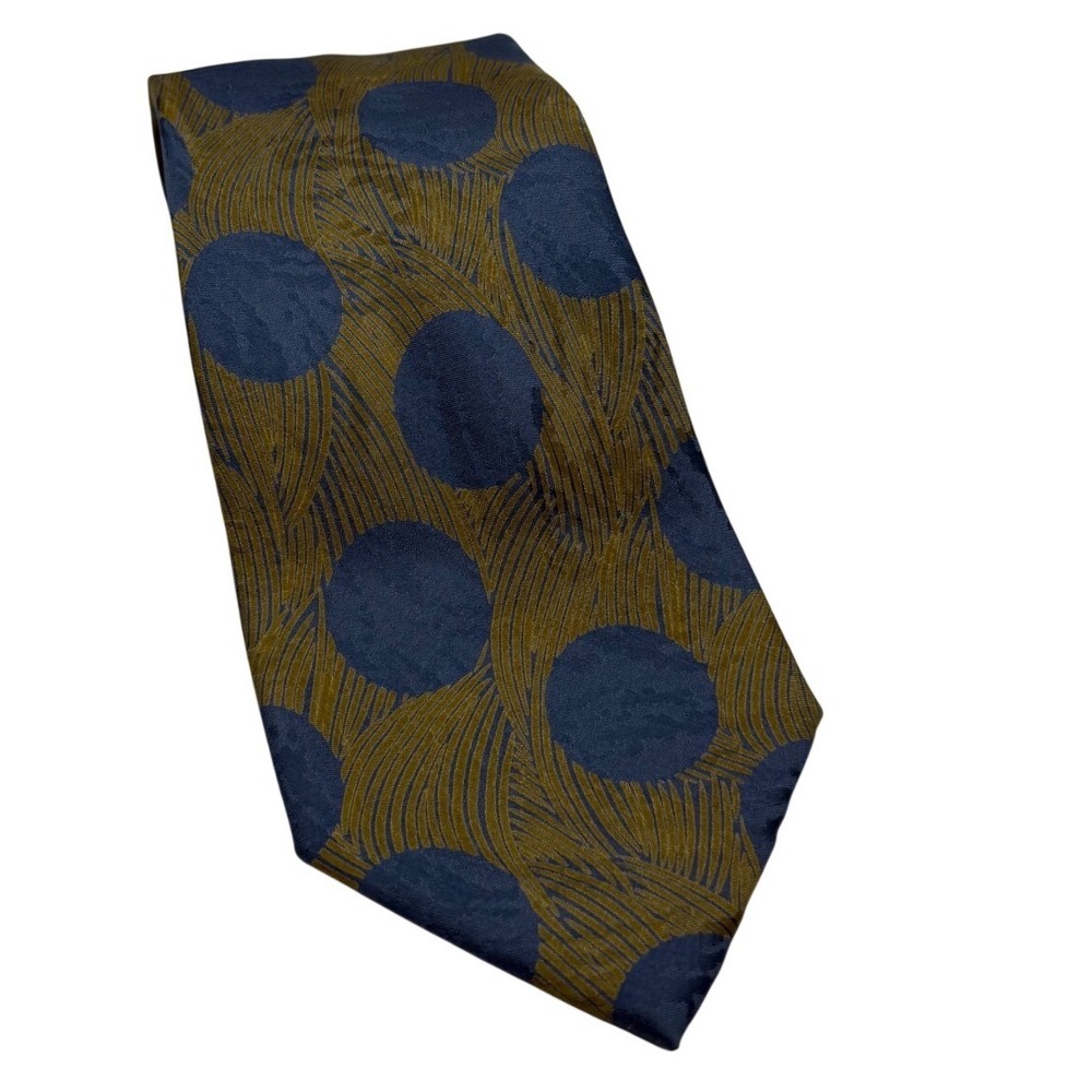 Giorgio Armani Cravatte Mens Silk Tie Blue Gold Polka Dot Feather Made in Italy